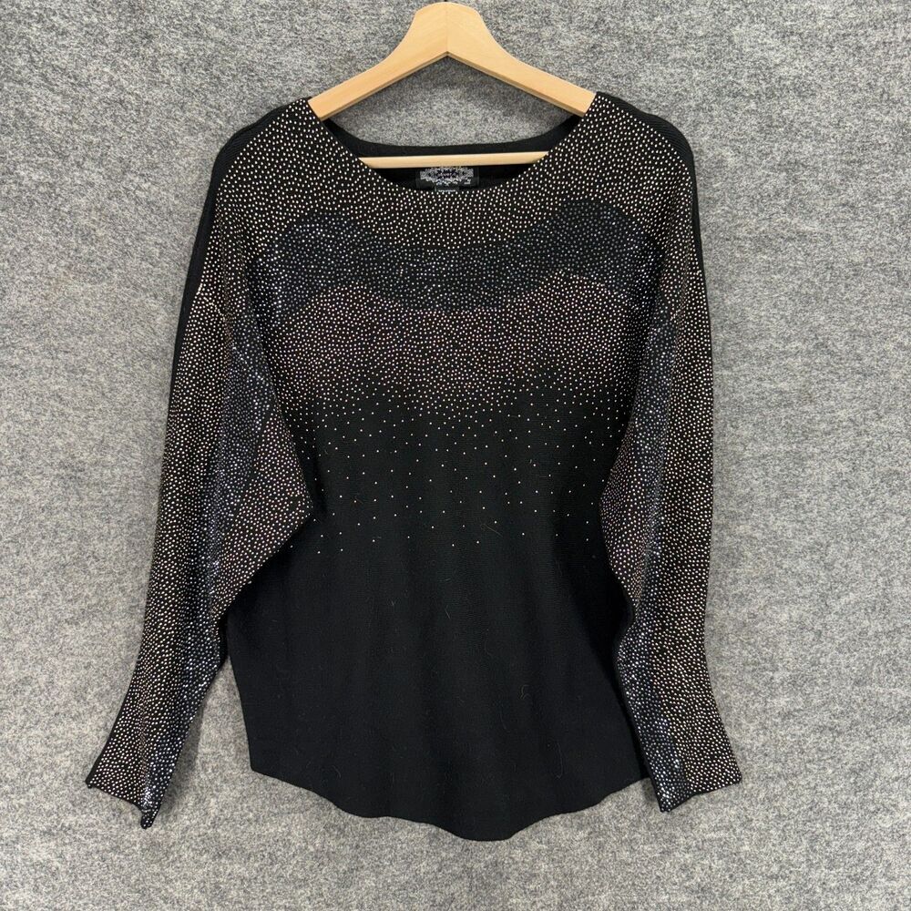 Oliver.o Blouse Women S Small Black Long Sleeve Rhinestone Round Neck Casual